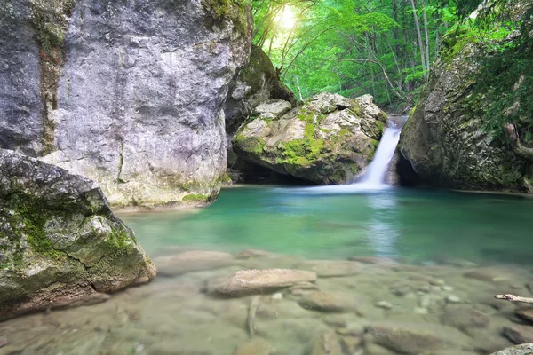 Bosco primaverile e fiume. Cascata. Flusso del rill primaverile . — Foto Stock