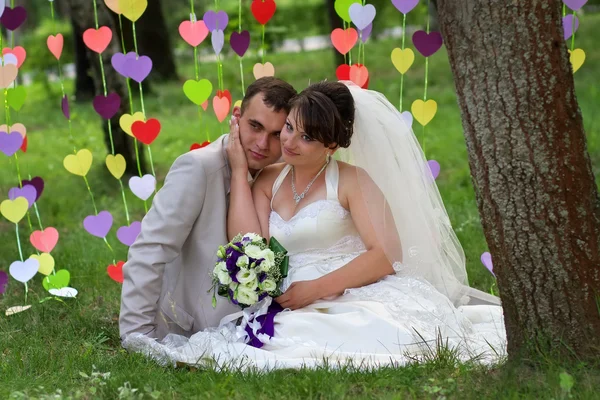 Świeżo poślubiona para piękny w parku na trawie — Zdjęcie stockowe