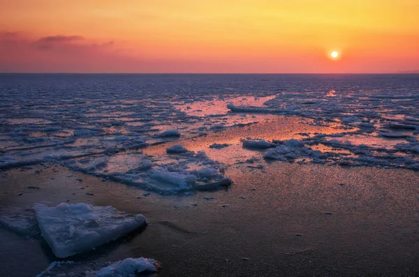 Sunrise Frozen Sea Beautiful Winter Landscape Lake Morning Time — Stock Photo, Image