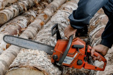 KIROV, Rusya - 09.10.2020. Husqvarna 40 elektrikli testere. Elektrikli testereyle odun kesiyor, kışa odun hazırlıyor, kırsal alanda sıkı çalışıyor.