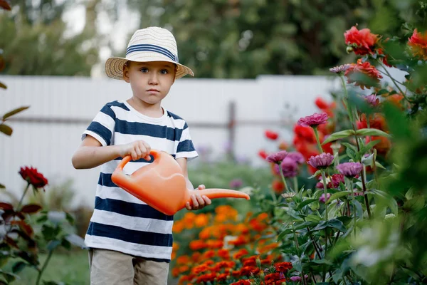 Güneşli bir yaz gününde çiçek sulayan tatlı bir çocuk. — Stok fotoğraf