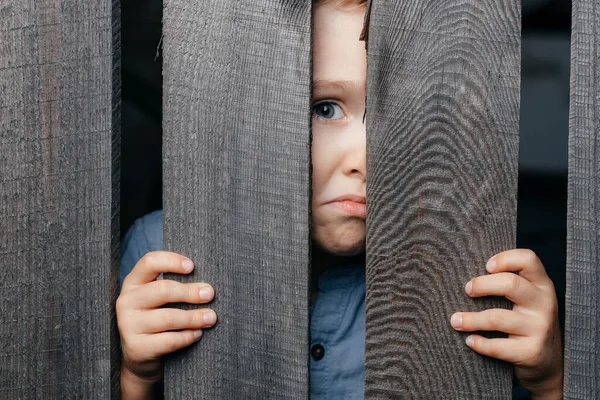 Surprised white boy looks out of the crack of a wooden fence. Childish curiosity. Espionage. Rural life. Child development, curiosity. The boy peered through the crack.