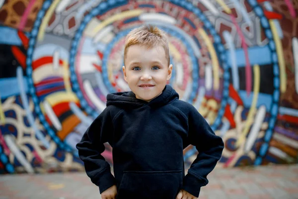 Portrait White Cute Little Boy Years Old Hoodie Background Colored — Stok fotoğraf