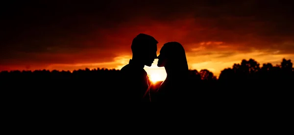 Silhouette of a young couple in love face to face against the background of the orange sky during sunset