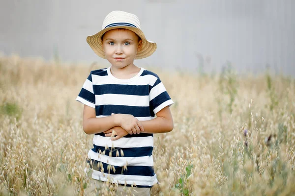 Small Farm Boy Smiling Looking Camera Stands Oat Field Cute — Stock Photo, Image