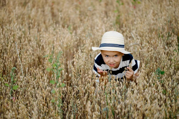 Ragazzino Carino Con Cappello Paglia Seduto Campo Avena Giocare Nascondino — Foto Stock