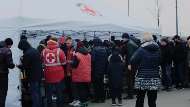 11. marts 2022 - Lviv, Ukraine: Frivillige fodrer flygtninge fra det østlige Ukraine på Lviv-banegården – Stock-video