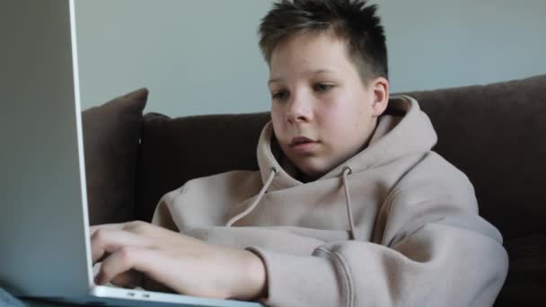 Teenage Caucasian Boy Hoodie Using Laptop Laying Couch — ストック動画