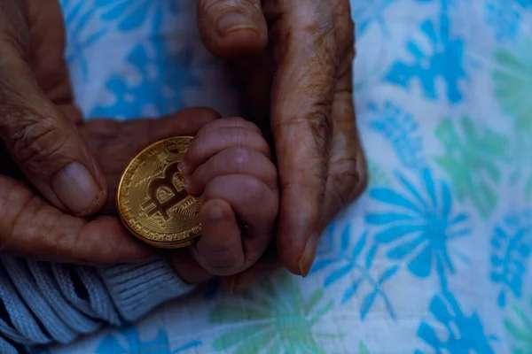 Captures Moment Grandmother Giving Hand Hand Bitcoin Token Newborn Son Stock Photo