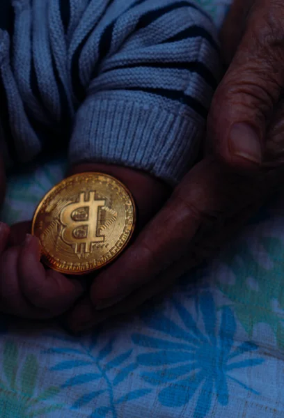 Captures Moment Grandmother Giving Hand Hand Bitcoin Token Newborn Son Stock Image