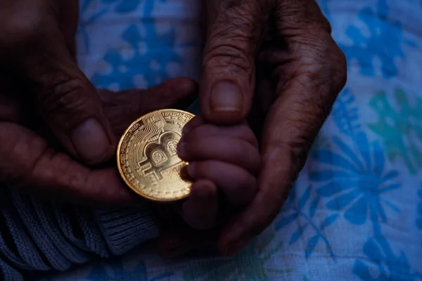 Captures Moment Grandmother Giving Hand Hand Bitcoin Token Newborn Son Stock Picture