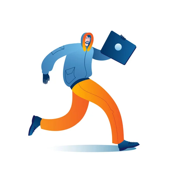 Een man in warme winterkleding loopt met een laptop. — Stockvector