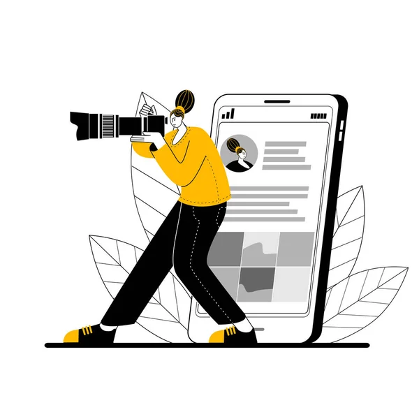 De fotograaf staat met een grote camera tegen de achtergrond van een mobiele telefoon met zijn profiel — Stockvector