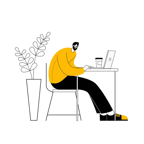Un uomo siede a un tavolo tra i fiori e lavora al computer. — Vettoriale Stock