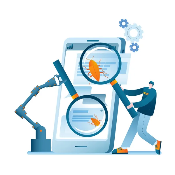 O departamento de controle de qualidade está procurando erros no aplicativo móvel. —  Vetores de Stock