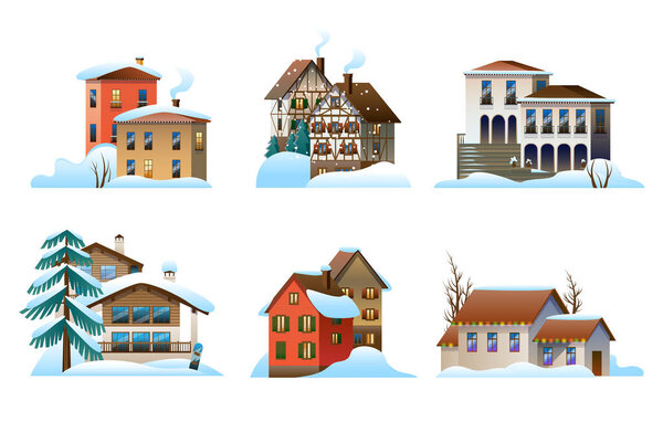 A set of images of village houses in different architectural styles.