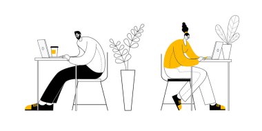 Bir adam ve bir kadın ofislerinde oturmuş çiçeklerin arasında bilgisayar başında çalışıyorlar..