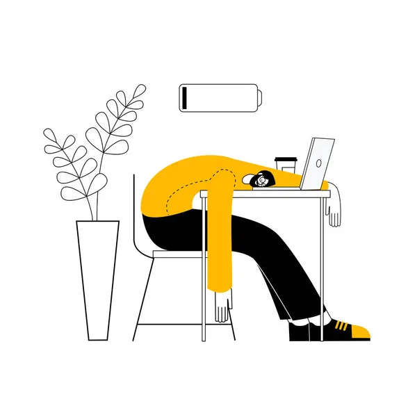 Un uomo stanco dorme vicino a un portatile aperto. — Vettoriale Stock