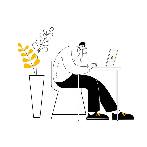 Seorang pria duduk di meja di antara bunga dan bekerja di komputer. - Stok Vektor
