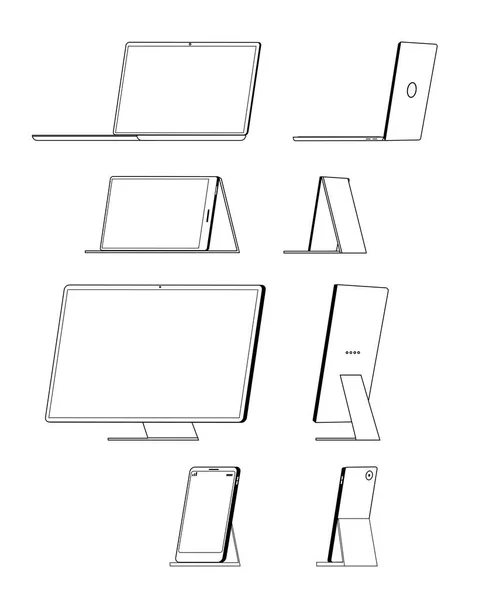 Un insieme di immagini di vari dispositivi mobili e informatici in due angolazioni. — Vettoriale Stock