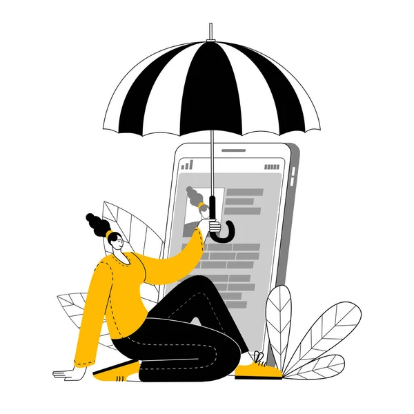 A girl with an umbrella protects her mobile phone profile from hacker attacks. — Stock Vector