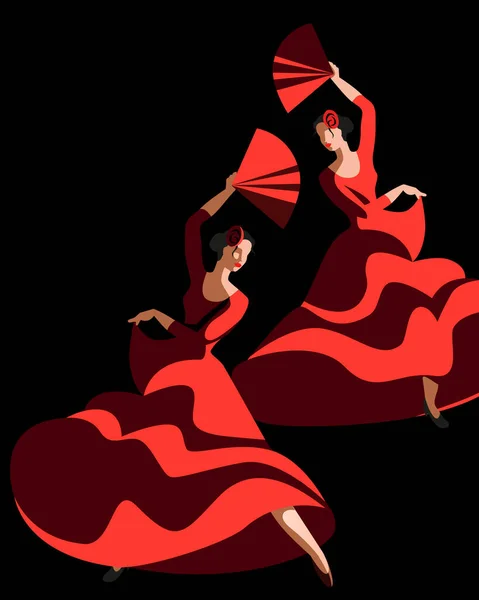 Mujeres delgadas con abanico bailando flamenco. — Vector de stock