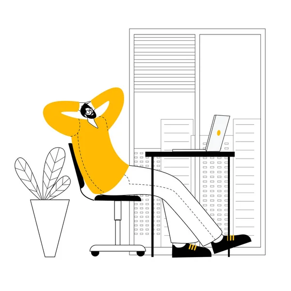 En man sitter vid ett bord bland blommor och arbetar vid en dator. — Stock vektor