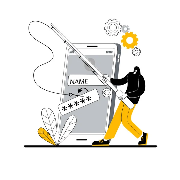 A hacker in a dark hood with a fishing rod catches user passwords on a hook from a mobile phone. — Stock Vector