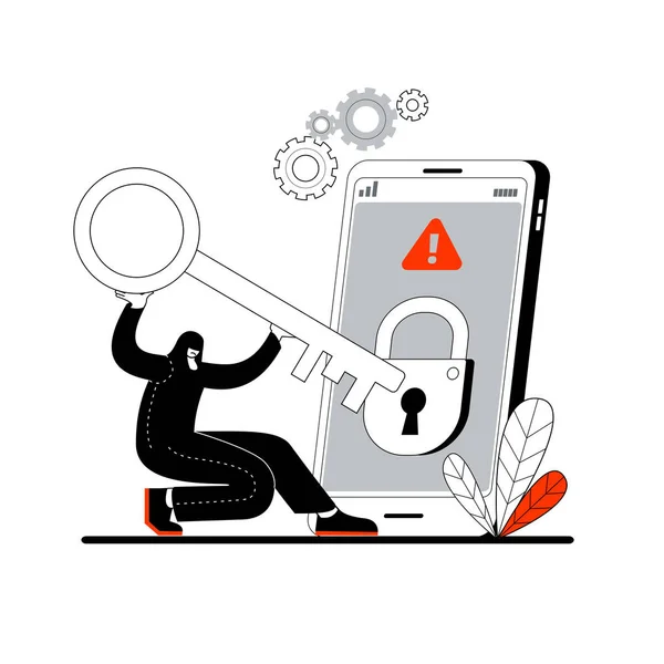 The hacker opens a virtual lock on the phone. — Stock Vector