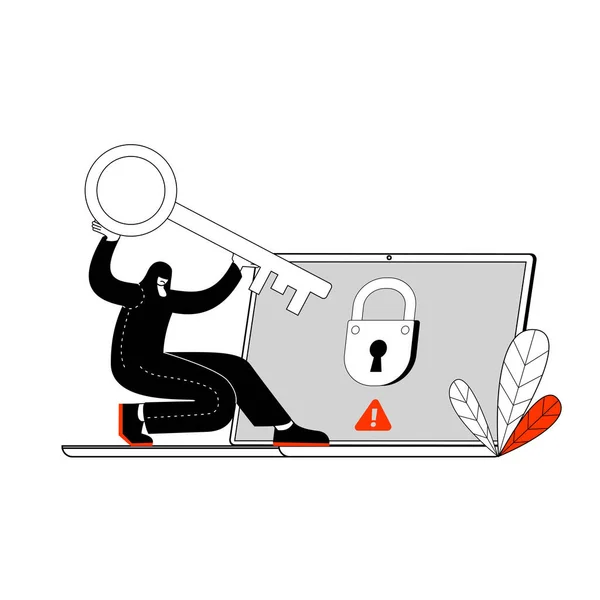 Der Hacker öffnet ein virtuelles Schloss am Laptop. — Stockvektor