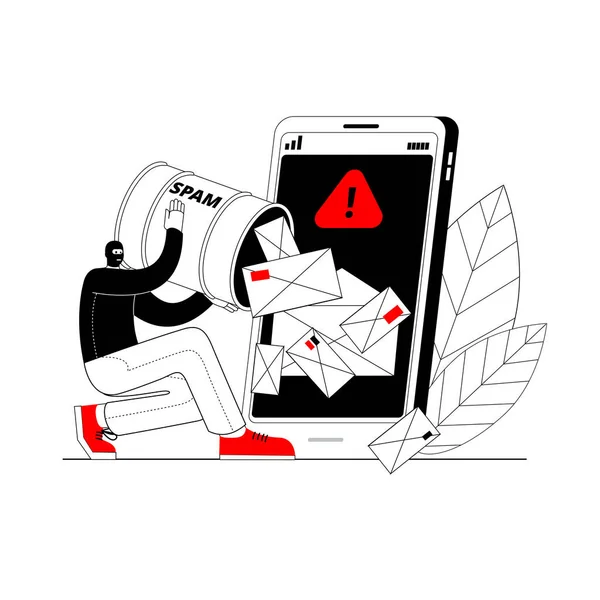 En spammare attackerar en e-postklient på en smartphone. — Stock vektor