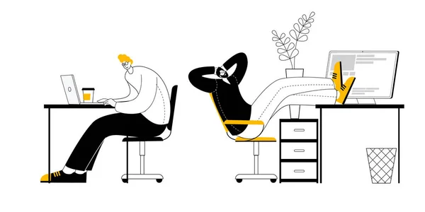 Två män sitter vid skrivbord på ett kontor bland blommor och arbetar vid datorer. — Stock vektor