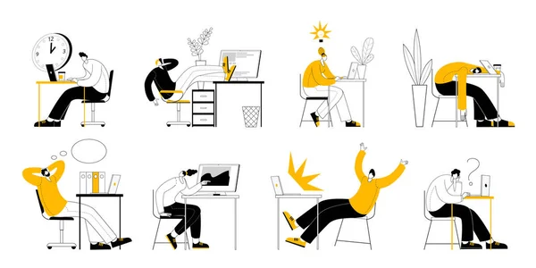 Men and women sit at desks in the office among flowers and work at computers. — 스톡 벡터