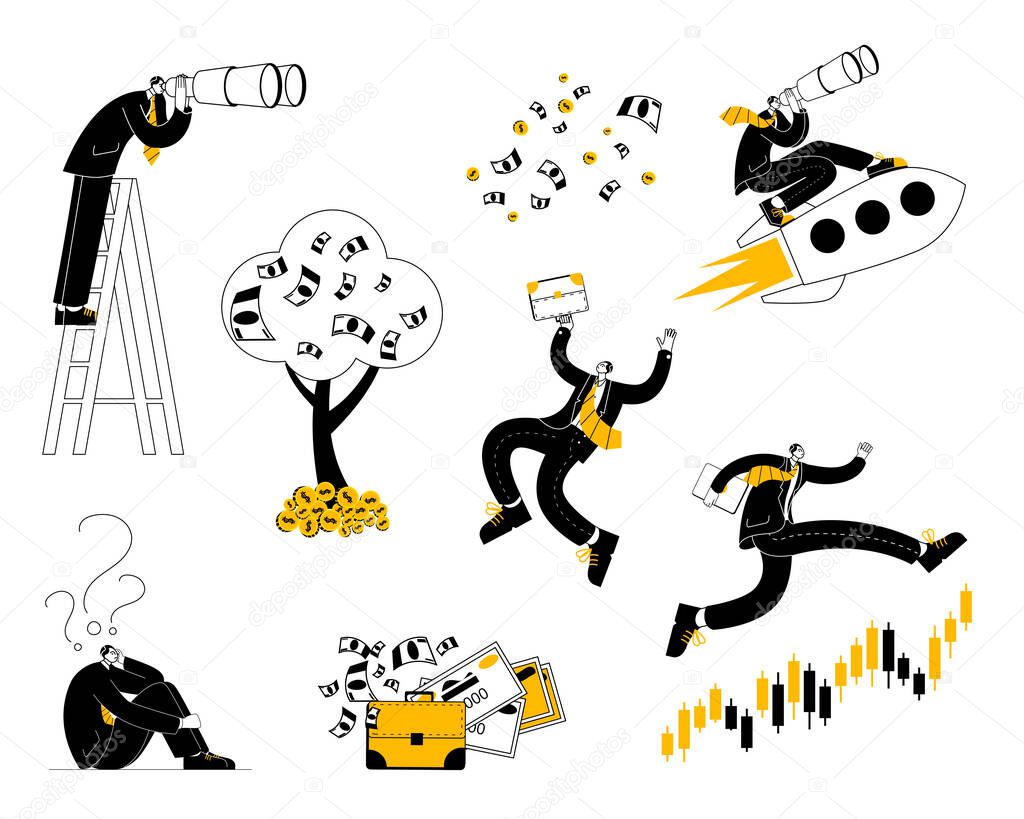 A set of vector illustrations with a man in a jacket who is engaged in trading on the stock market.