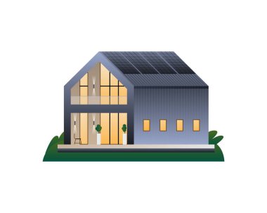 Modern two-storey energy-efficient house with solar panels on the roof and panoramic glazing.
