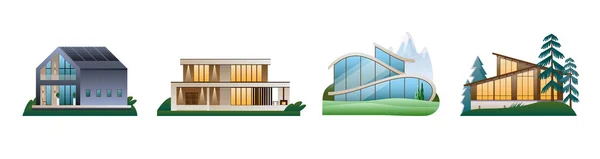 Un conjunto de modernas casas privadas de dos plantas en diferentes estilos arquitectónicos. — Vector de stock