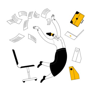 Takım elbiseli bir kız ofis malzemeleri ve kağıtlarının arasında uçuyor..