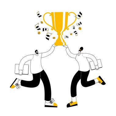 İnsanlar ellerinde zafer kupası ile neşeyle zıplıyorlar..