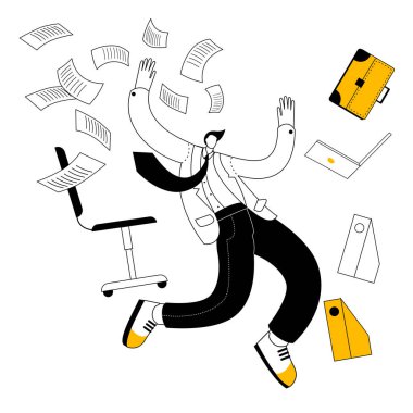 Takım elbiseli bir adam ofis malzemeleri ve kağıtları arasında uçuyor..