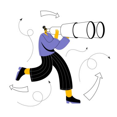 Sıradan giyinmiş bir kız dürbünle bakar..