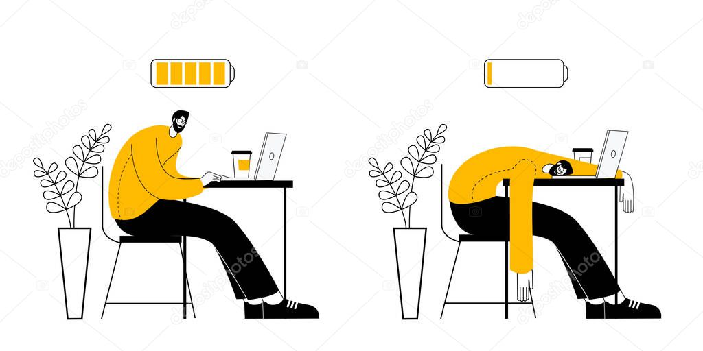 A cheerful man is working at a computer, and a tired man is sleeping at an open laptop.