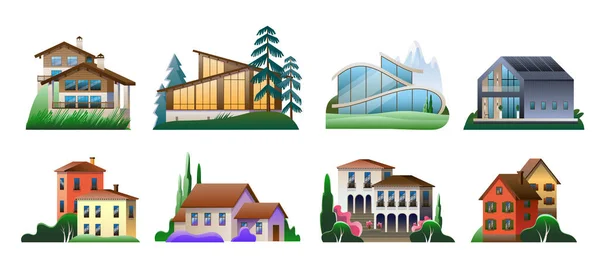 Un conjunto de imágenes de casas de pueblo en diferentes estilos arquitectónicos. — Vector de stock