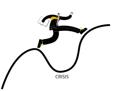 Takım elbiseli bir işadamı krizle bir çukurun üzerinden atlıyor..