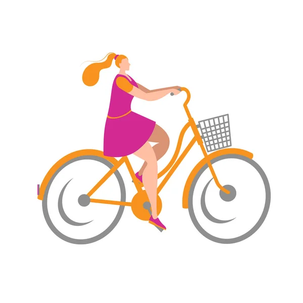 Una hermosa chica en un vestido monta en bicicleta. — Vector de stock