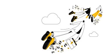Businessmen with briefcases in a business suit fly away into the distance like migratory birds.