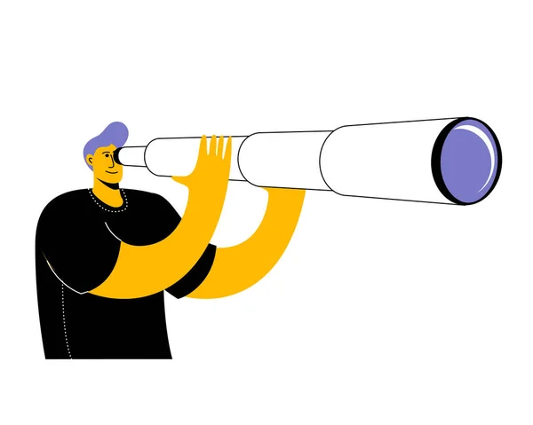 A man in a T-shirt is looking through a telescope. — Stock Vector