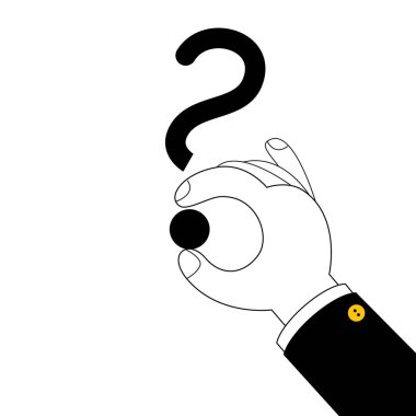 The hand holds a question mark.