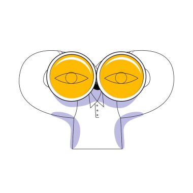 The character looks through binoculars.