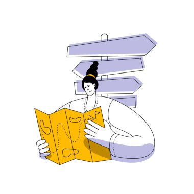 Sıradan giyinmiş bir kız, arka plandaki yol tabelasına bakıyor..