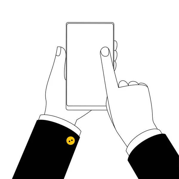 Mãos no estilo esboço com um smartphone. — Vetor de Stock